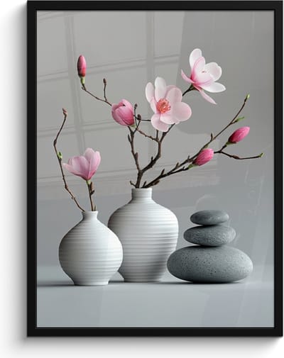 Poster in lijst - Fotolijst 60x80 cm - Posters - Magnolia - Bloemen - Roze - Zen stenen - Posterlijst zwart - Wanddecoratie badkamer - Muurdecoratie WC - Decoratieve accessoires - Toilet muur decoratie
