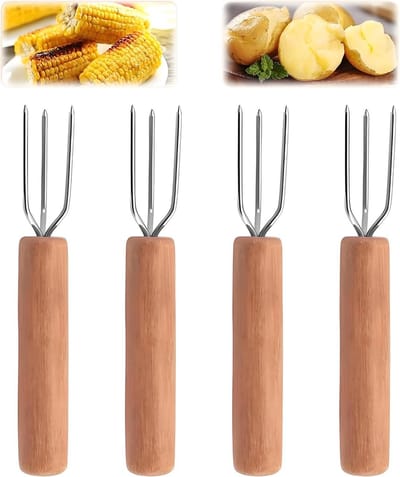 longziming -Pellkartoffelgabeln - Aardappelvorken - Bestek Set - Drietandige Punt - Hittebestendig Design - Rostvrij Staal En Hout - Antislip Greep - Veilig Serveren - 4 Stuks