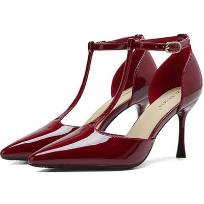 Rode Hoge Hakken Damesschoenen Holle Puntneus Pumps Mode T-type Enkelgesp Riem Dames Nieuwe Sexy Feestjurk Schoenen 36 brown
