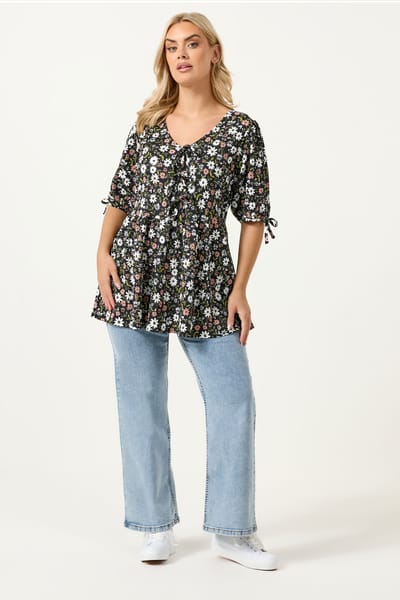 Yours Zwarte Peplumtop Met Bloemenprint En Strik Aan De Voorkant Size 44