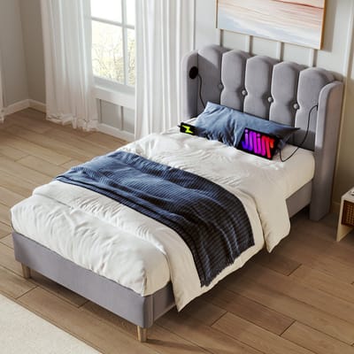 MODFU Bedframe 90x200 cm – Linnen met wingback hoofdbord & USB/Type-C – Grijs