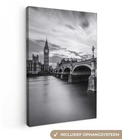 Canvas schilderij Big Ben London 20x30 - Kamer decoratie accessoires - Huisdecoratie zwart wit - Schilderijen woonkamer - Wanddecoratie slaapkamer - Muurdecoratie keuken - Wanddoek interieur binnen - Woondecoratie huis - Woonaccessoires