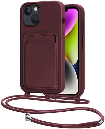 Hoes Geschikt voor iPhone 14 Plus Hoesje Pasjeshouder Cover Met Koord Case Siliconen Hoes Met Telefoonkoord en Kaarthouder - Aubergine