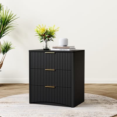 Nachtkastje - Met 3 Laden - Klassiek Kastje met Rillendesign en Metalen Grepen - Hout - Zwart
