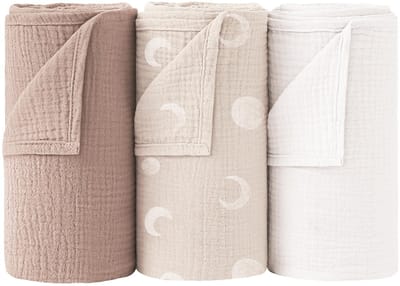 Mousseline Inbakerdoek 100% Katoen, Ademend, Babydeken,Doeken Voor Jongens en Meisjes, 3 stuks, 96 x 102 cm (Witte Maan)