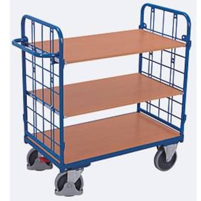 Etagewagen, staal/MDF-plaat, decor gentiaanblauw/beuken, 3 etages, 1000 x 700 mm, kopwanden van draadgaas, EasySTOP, tot 500 kg