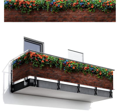 Balkonscherm 500x100 cm - Balkonposter Bloemen - Muur - Groen - Oranje - Balkon scherm decoratie - Balkonschermen - Balkondoek zonnescherm