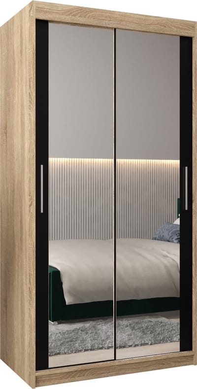 InspireMe - Kledingkast met 2 schuifdeuren, Modern-stijl, Kledingkast met planken (BxHxD): 100x200x62 - TORM III 100 Sonoma Eik + Zwart Mat