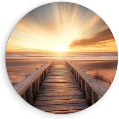 Saammp Muurcirkel Hout - Natuur - Brug naar het strand met zonsondergang- landschap - Ø 90 - Wandcirkel - Wanddecoratie Cirkel - Muurdecoratie Woonkamer - Slaapkamer decoratie - Rond Schilderij