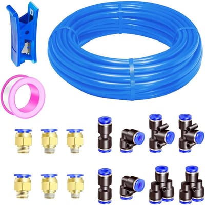 10 meter blauwe polyurethaan slang met 3/8 inch aansluiting, 10 mm buitendiameter, inclusief 14 bandenconnectoren, 1 slangensnijder en 1 rol tape voor veelzijdig gebruik