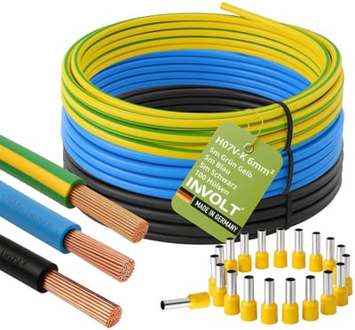 Bedradingskabelset - Installatiekabel - Elektrische installaties - VDE-gecertificeerd - 6 mm² 3x5m - Zwart Blauw Groen Geel