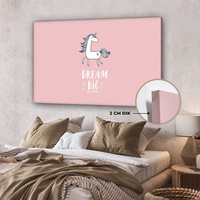 Kinderkamer decoratie - Schilderij voor kinderen - Dream big - Eenhoorn - Roze - Quotes - Tekst - Muurdecoratie kinderkamer - Canvas kind - 140x90 cm