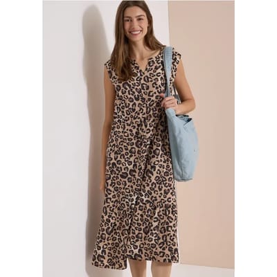 Midi-jurk met split in de hals en luipaardprint