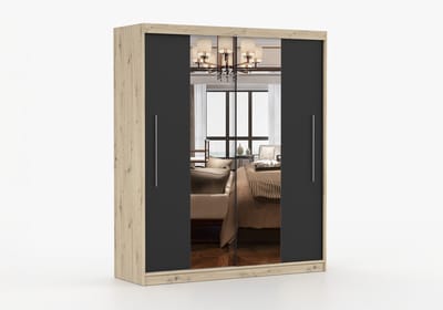 Kledingkast NICO I 203 cm - 2-deurs schuifdeurkast met spiegel en kledingstang - Garderobekast met ruime opbergruimte - Moderne kast voor slaapkamer en hal (Artisan + Zwart)