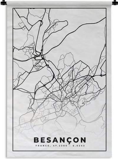 Wandkleed - Wanddoek - Stadskaart - Frankrijk - Kaart - Besançon - Plattegrond - Zwart wit - 120x180 cm - Wandtapijt