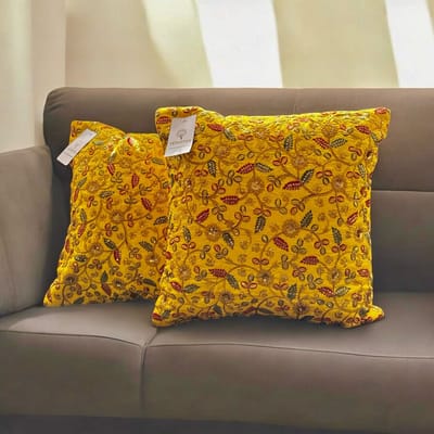 Kussens woonkamer - kussenhoes 40 x 40 cm - kussensloop - sierkussens - cushion cover - katoensilk - Kussenhoesjes - 2 stuks - etnisch Indiaas - borduurwerk - embroidery - geel - gouden