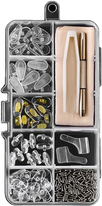 30 stuks siliconen neuspads voor brilreparatie, antislip met accessoires – schroeven, schroevendraaier, pincet, reinigingsdoek en opbergtas