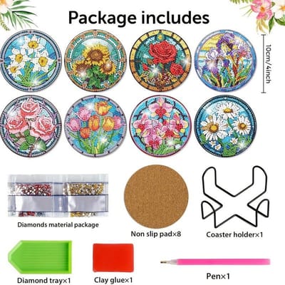Diamond Painting Onderzetters - Bloemen - 8 stuks - Ronde steentjes - Compleet Hobbypakket