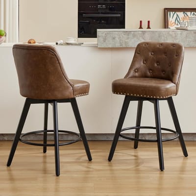 Set van 2 draaibare barkrukken - Barkrukken op barhoogte met gecapitonneerde rugleuning en voetsteun - Set barkrukken met linnen bekleding - 96 × 53 × 50 cm - Bruin