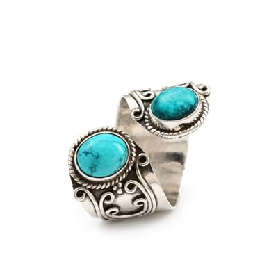 Zilverkleurige boho ring met turquoise kleur stenen voor dames – open ring met twee ronde stenen, vintage stijl ontwerp, verstelbare unisex ring met decoratief reliëf