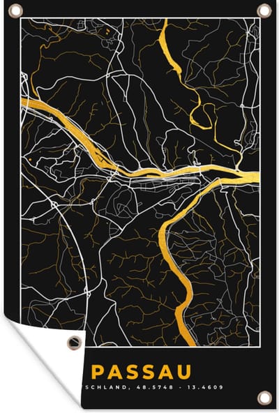Muurdecoratie Stadskaart – Plattegrond – Duitsland – Goud – Passau – Kaart - 120x180 cm - Tuinposter - Tuindoek