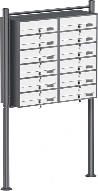 Mailbox systeem met 12 brievenbussen en standaardbasis, gepoedercoat in antraciet-wit