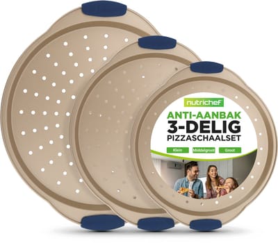 Nutrichef Pizzaplaat - Set -delige Ronde Pizza Bakpan van Koolstofstaal met Perforaties - Anti-aanbak Pizzapan - Siliconen Handgrepen