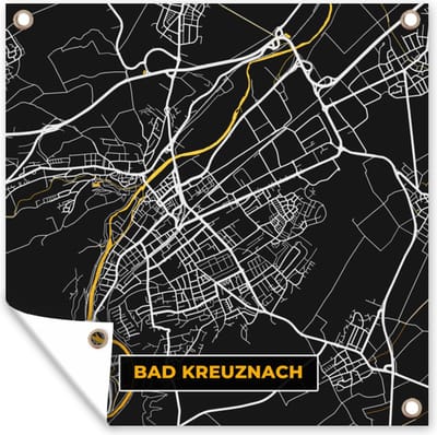Tuin poster Duitsland – Black and Gold – Bad Kreuznach – Stadskaart – Kaart – Plattegrond - 200x200 cm - Tuindoek