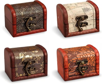 Set van 4 Houten Mini Schatkisten, Vintage Opbergdozen met Deksel, Decoratieve Box voor Sieraden, Oorbellen en Kettingen (4 Ontwerpen)