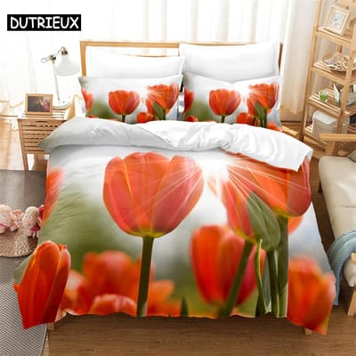 3D Tulp Bloemenprint Dekbedovertrek Set - 3 Delen Verkrijgbaar In Twin, Double En King Maten AU Single(140*210cm)3pcs