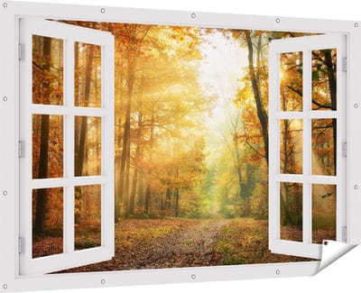 Gards Tuinposter Doorkijk Herfstbos met Zonneschijn - 180x120 cm - Tuindoek - Tuindecoratie - Wanddecoratie buiten - Tuinschilderij