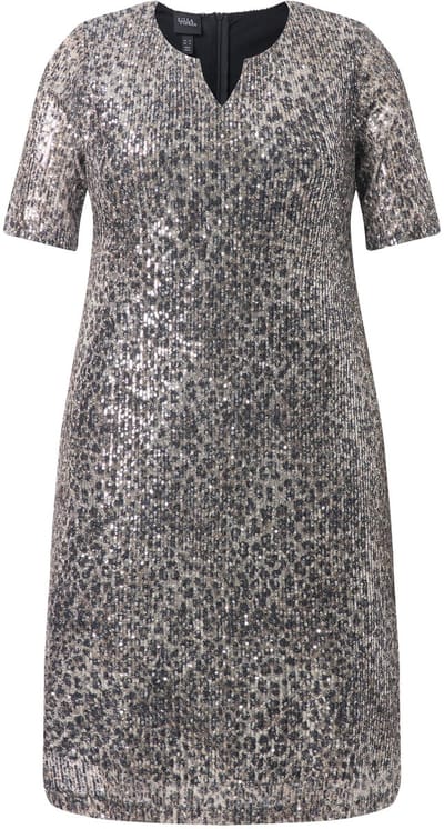 Ulla Popken - Dames - Paillettenjurk luipaardmotief A-lijn korte mouwen - Beige - Maat 44