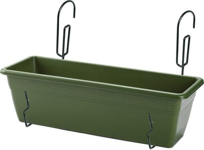 Hangende balkon reling plantenbak groen rechthoekig 50 x 17 x 15 cm met setje metalen ophang beugels