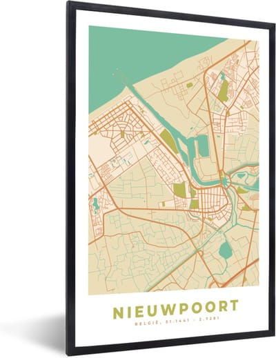 Fotolijst incl. Poster - België - Plattegrond - Nieuwpoort - Kaart - Stadskaart - 40x60 cm - Posterlijst