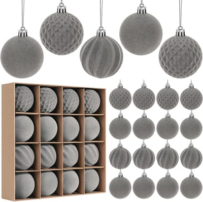 16 Stuks Velours Kerstballen Set, Vooraf Bevestigde Schokbestendige Flocked Ornamenten voor Feestdagen en Kerstdecoratie (Grijs, 6cm)