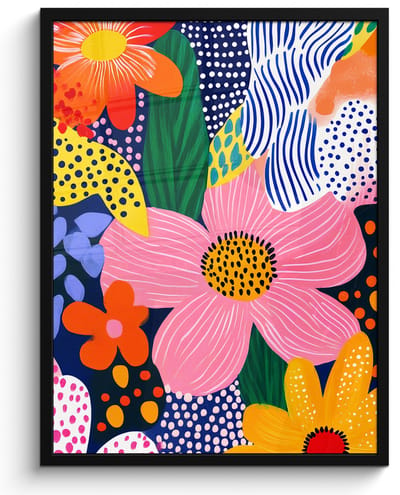 Poster in lijst - Fotolijst 50x70 cm - Posters - Kleurrijk - Bloemen - Abstract - Stippen - Posterlijst zwart - Decoratie - Wanddecoratie woonkamer - Muurdecoratie slaapkamer