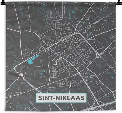 Wandkleed - Wanddoek - België – Sint Niklaas – Stadskaart – Kaart – Blauw – Plattegrond - 180x180 cm - Wandtapijt