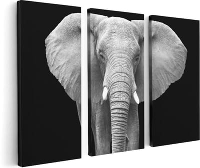 Artaza Canvas Schilderij Drieluik Olifant - Zwart Wit - 120x80 cm - Wanddecoratie Woonkamer - Schilderijen - Muurdecoratie