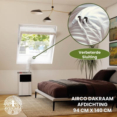 Airco Dakraam Afdichting - 94 x 140 cm – 2 Jaar Garantie - Geschikt voor Inbouw Velux: (GGL 408, p08) | Fakro, Optilight: Maatcode 09 | Roto: 09/14 - Slang Afsluiten – Raamafdichtingskit Herbruikbaar – Mobiele Airco Afdichtkit Tegen Insecten