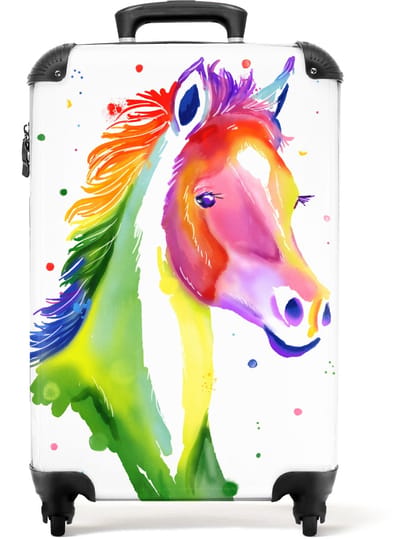 NoBoringSuitcases.com® Kinderkoffer - Hardcase koffer - Paard - Verf - Regenboog - Meisjes - Kind - Trolley kinderen - Koffer meisje - Handbagagekoffer - Lichtgewicht - Past binnen 55x40x20 cm en 55x35x25 cm - TSA slot - Reiskoffer - Kofferslot