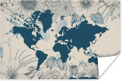 Poster 30x20 cm - Wereldkaart - Blauw - Bloemen - Posters - Kamer decoratie - Wanddecoratie woonkamer - Muurdecoratie slaapkamer