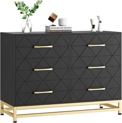Brede Moderne Commode met 6 Laden - Luxe Zwart Ladekast met Gouden Handgrepen - TV-Meubel & Opbergkast - Metalen Poten - 100 cm Breed