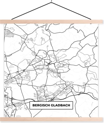 Posterhanger incl. Poster 40x40 cm - Schoolplaat - Bergisch Gladbach - Kaart - Plattegrond - Stadskaart - Textielposter - Blanke latten - Stadskaart