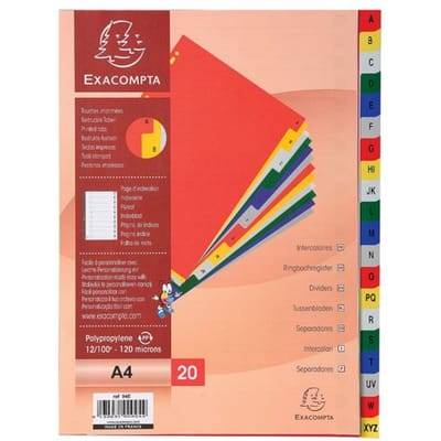 Exacompta tabbladen voor ft A4, uit PP, van A tot Z, 20 tabs, met indexblad, geassorteerde kleuren