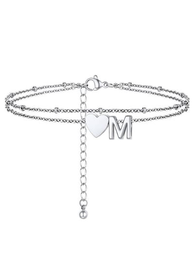 PROSTEEL Dubbellaagse Hart Initialen Enkelbandje - Verstelbare RVS Ketting 22+5cm voor Vrouwen