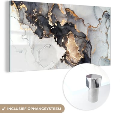 Glasschilderij abstract - Marmer - Goud - Marmerlook - Zwart - Schilderijen woonkamer - Schilderij glas - Foto op glas - Glasplaat - Kamer decoratie - 40x20 cm - Wanddecoratie - Muurdecoratie - Slaapkamer