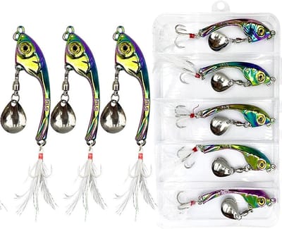 Set van 5 Jig Spinners 15g in Bait Box - Visgerei voor Snoek, Zander en Baars, Perfecte Vissen Cadeaus en Aas voor Zoet en Zout Water