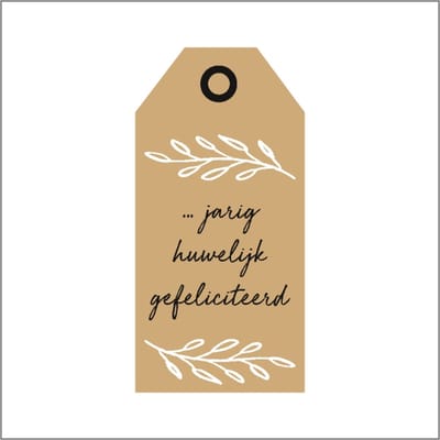 Cadeaukaartje - "... jarig huwelijk gefeliciteerd" - Bloemenkaartje - Bloemenlabel - Bruin Kraft - 10 x 5 cm - 20 stuks - Met Boorgaatje