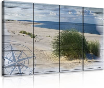 Canvas Schilderij - Duinen - Strand - Hout - Gras - Zee - Oceaan - Water - Wolken - Inclusief Frame - 120x80cm (lxb) - 4 Luiks