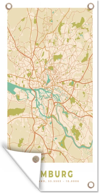 Schuttingposter Stadskaart - Hamburg - Kaart - Plattegrond - Vintage - 100x200 cm - Tuindoek